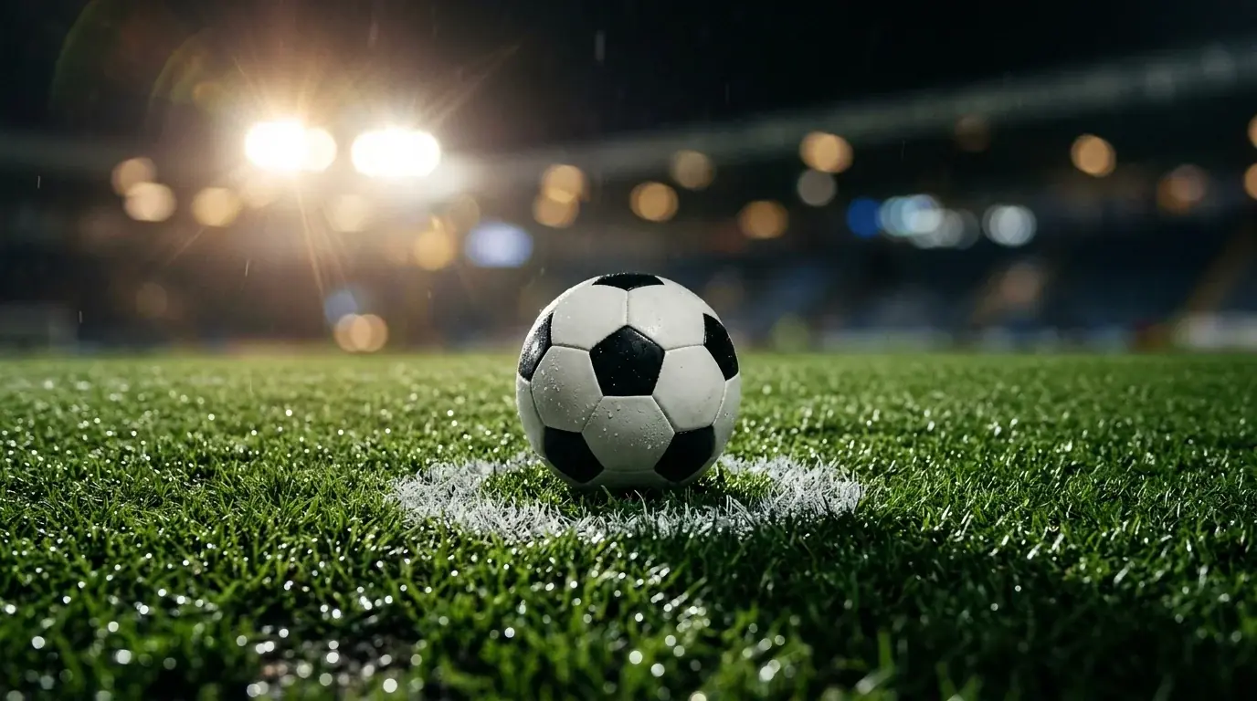 Close-up van een voetbalschoen die een bal op de strafschopstip plaatst, floodlights op de achtergrond
