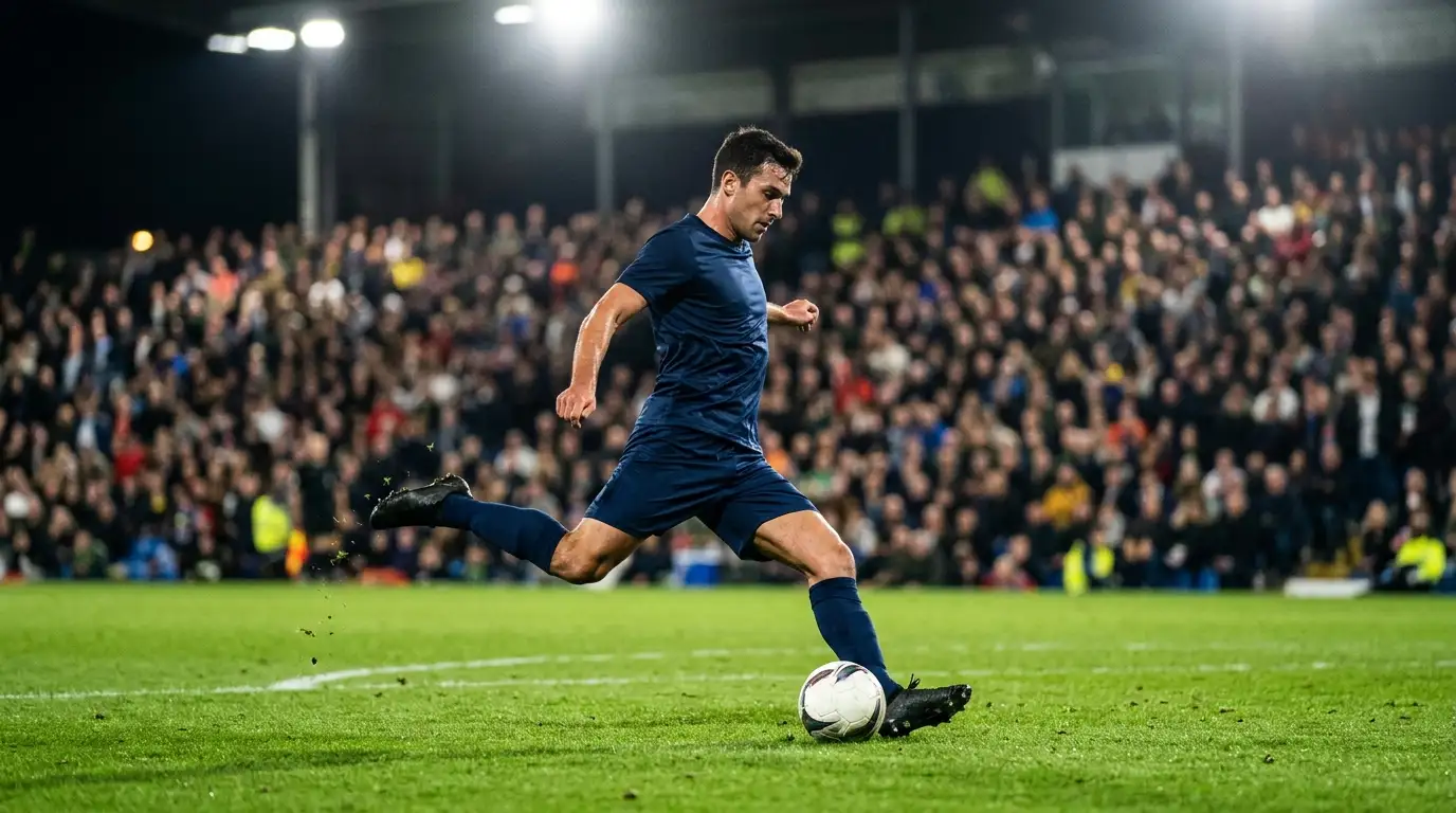 Een aanvaller zet zich schrap voor een schot op een fel verlicht veld, tribunes vaag op de achtergrond