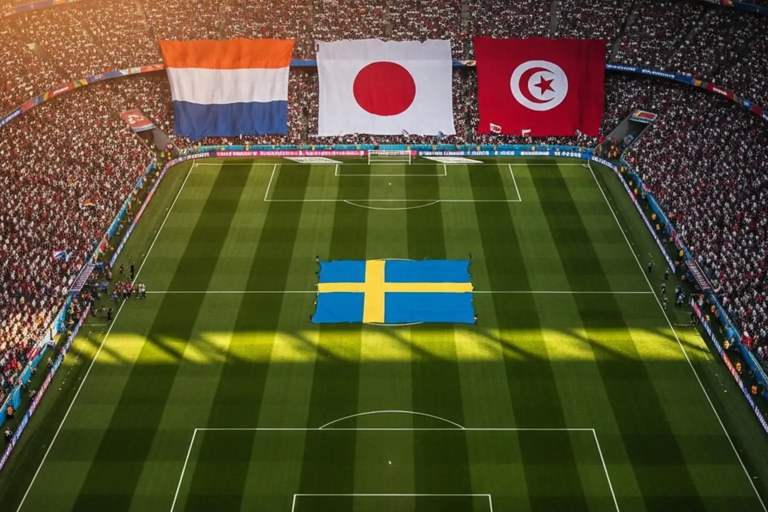 Groep F WK 2026 met vlaggen van Nederland, Japan, Zweden en Tunesië
