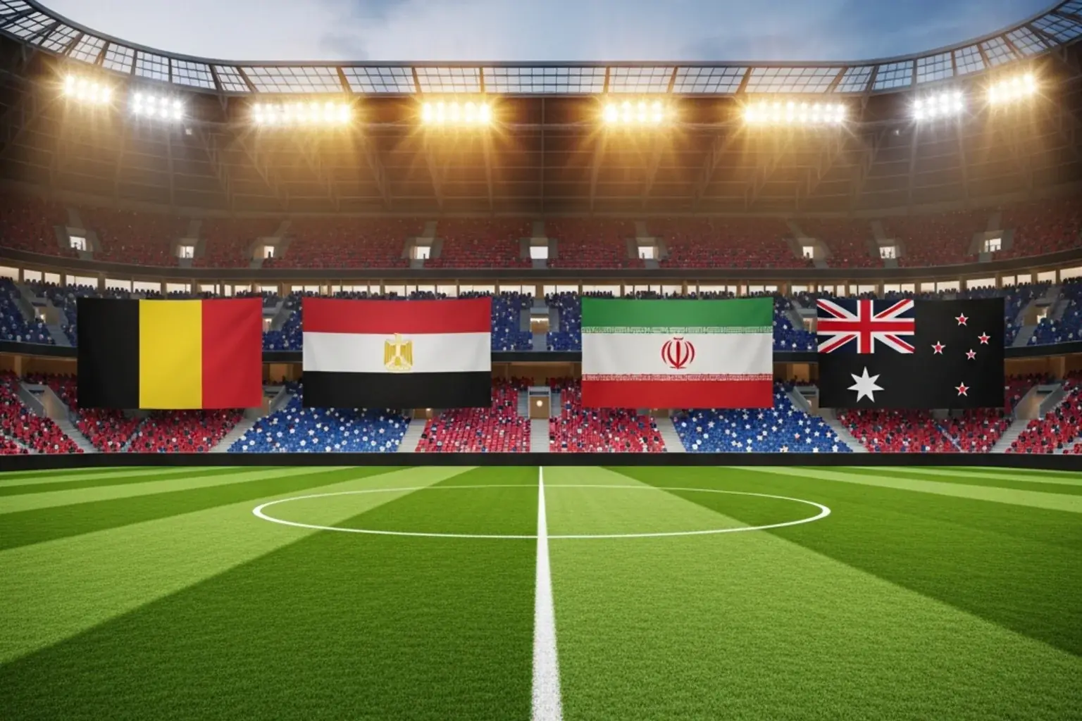 Groep G WK 2026 overzicht met vlaggen van België, Egypte, Iran en Nieuw-Zeeland