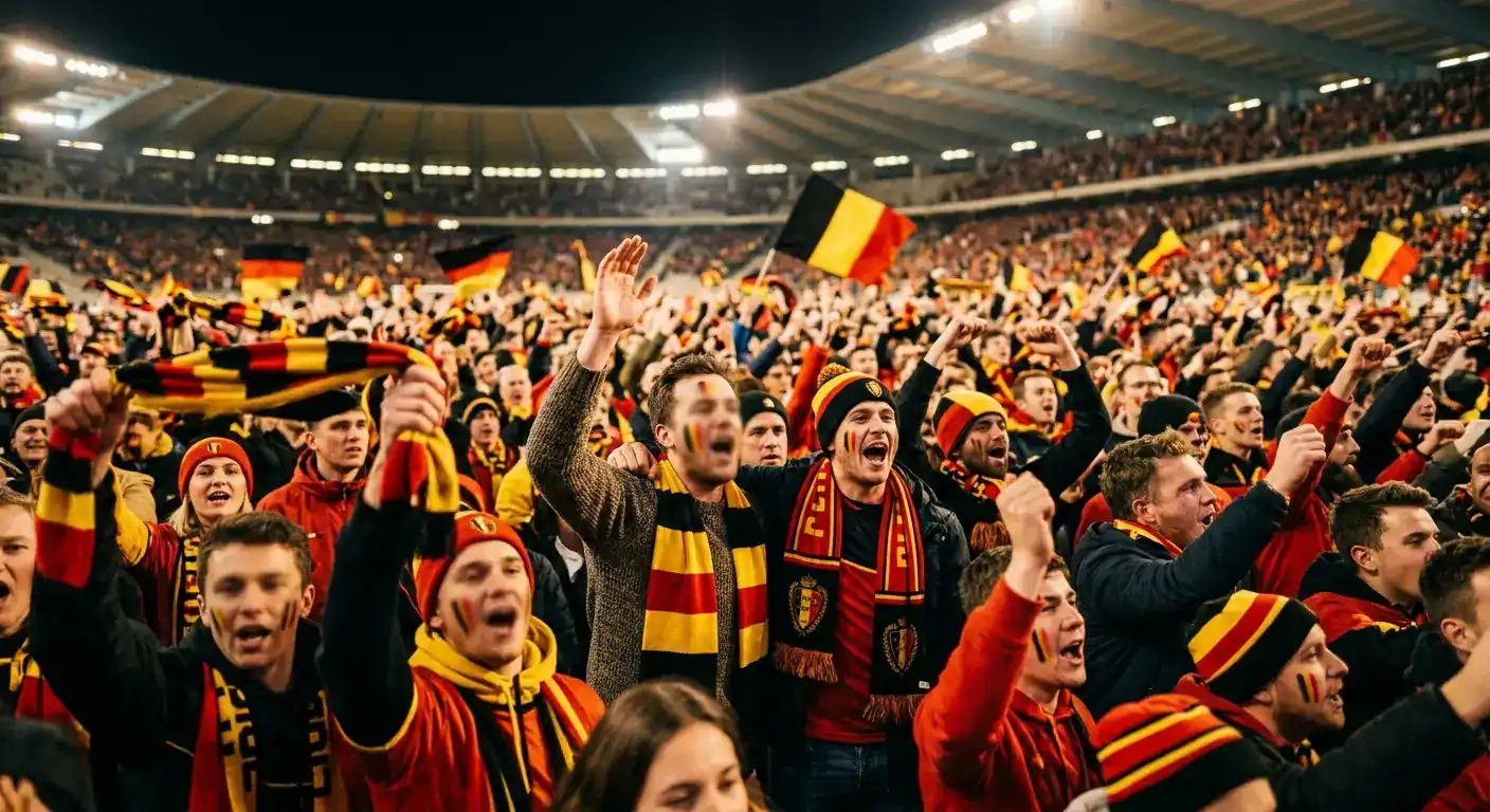 Belgische supporters in het rood-geel-zwart moedigen de Rode Duivels aan