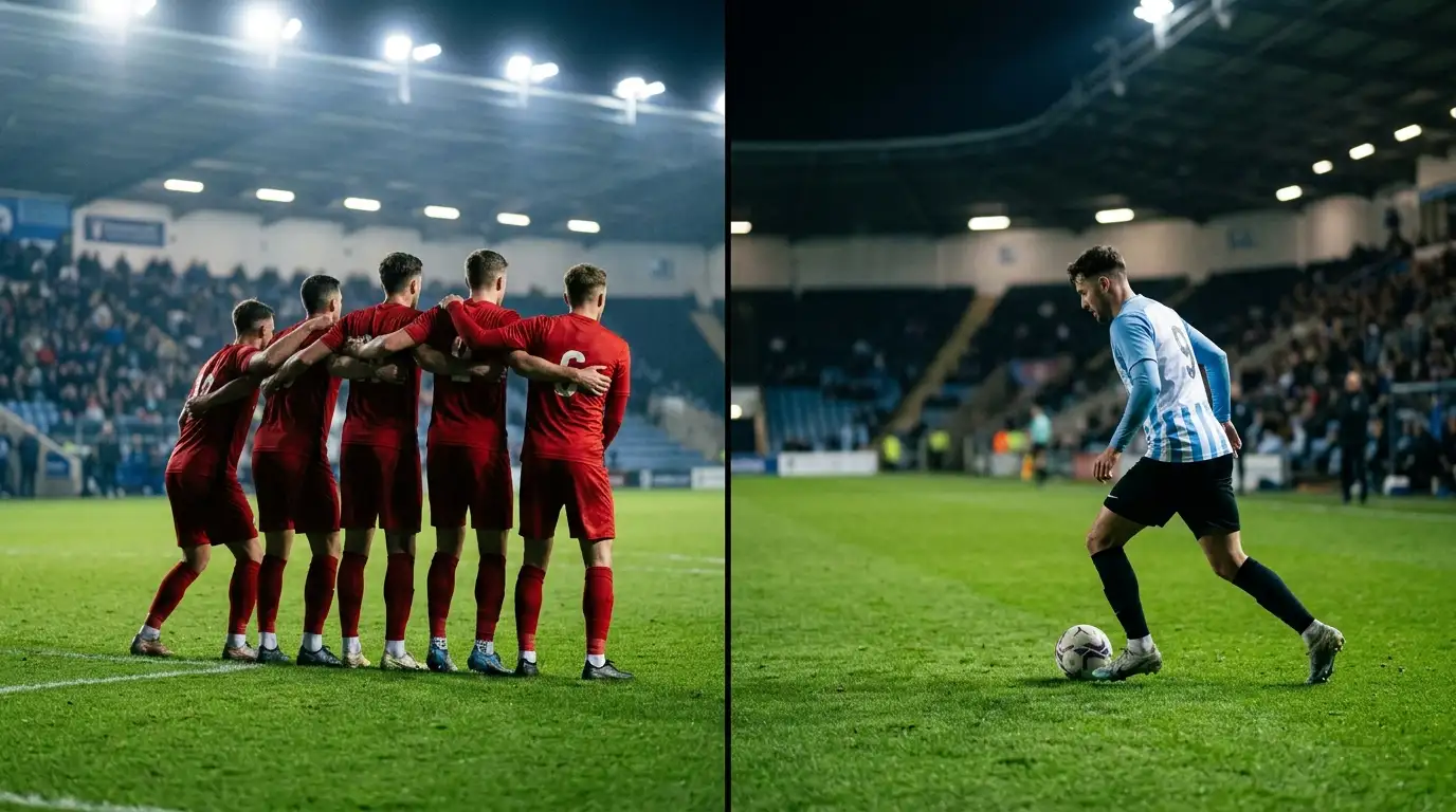 Symbolische confrontatie van twee ploegen op een verlicht veld — gedisciplineerde verdediging tegen een aanvallende spelmaker