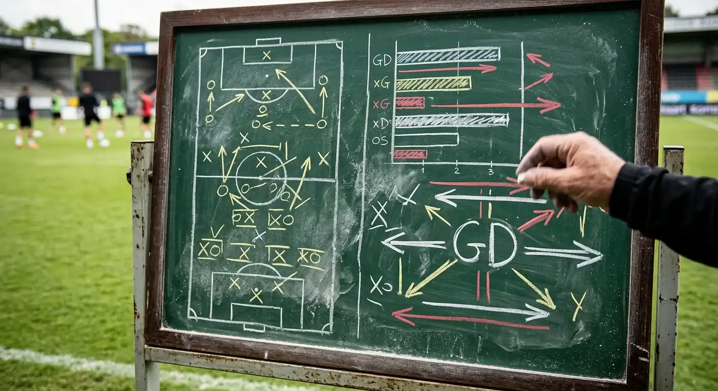 Statistiekenoverzicht met vorm en doelsaldo van twee voetballanden op een schoolbord