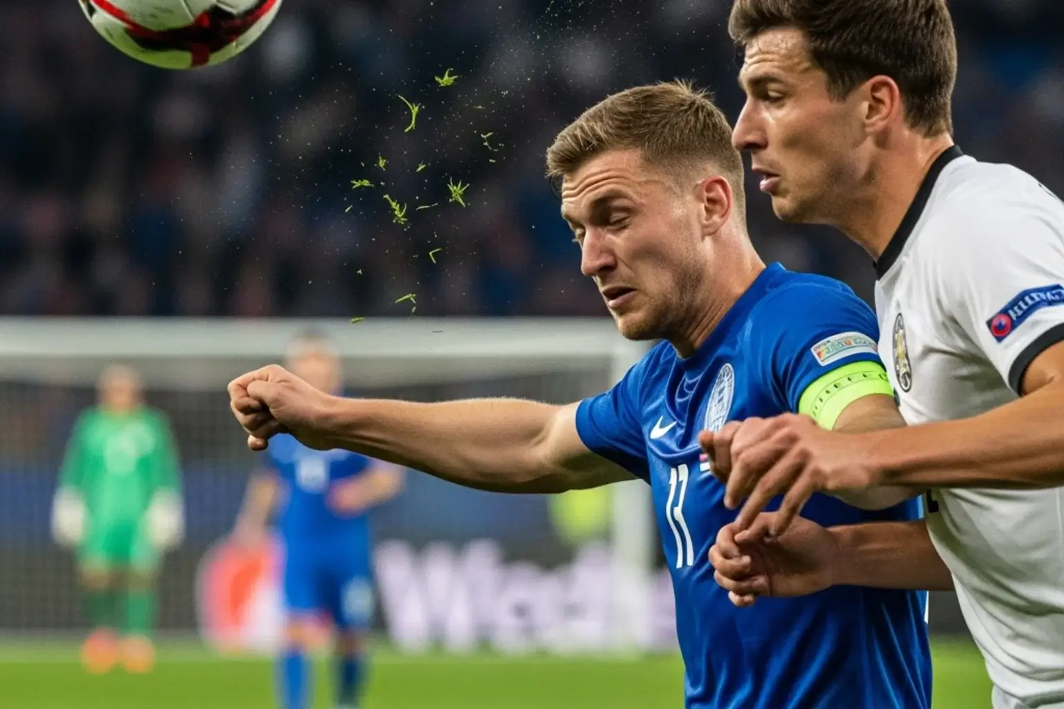 Voetballers in duel tijdens een spannende WK-wedstrijd met vol stadion op de achtergrond