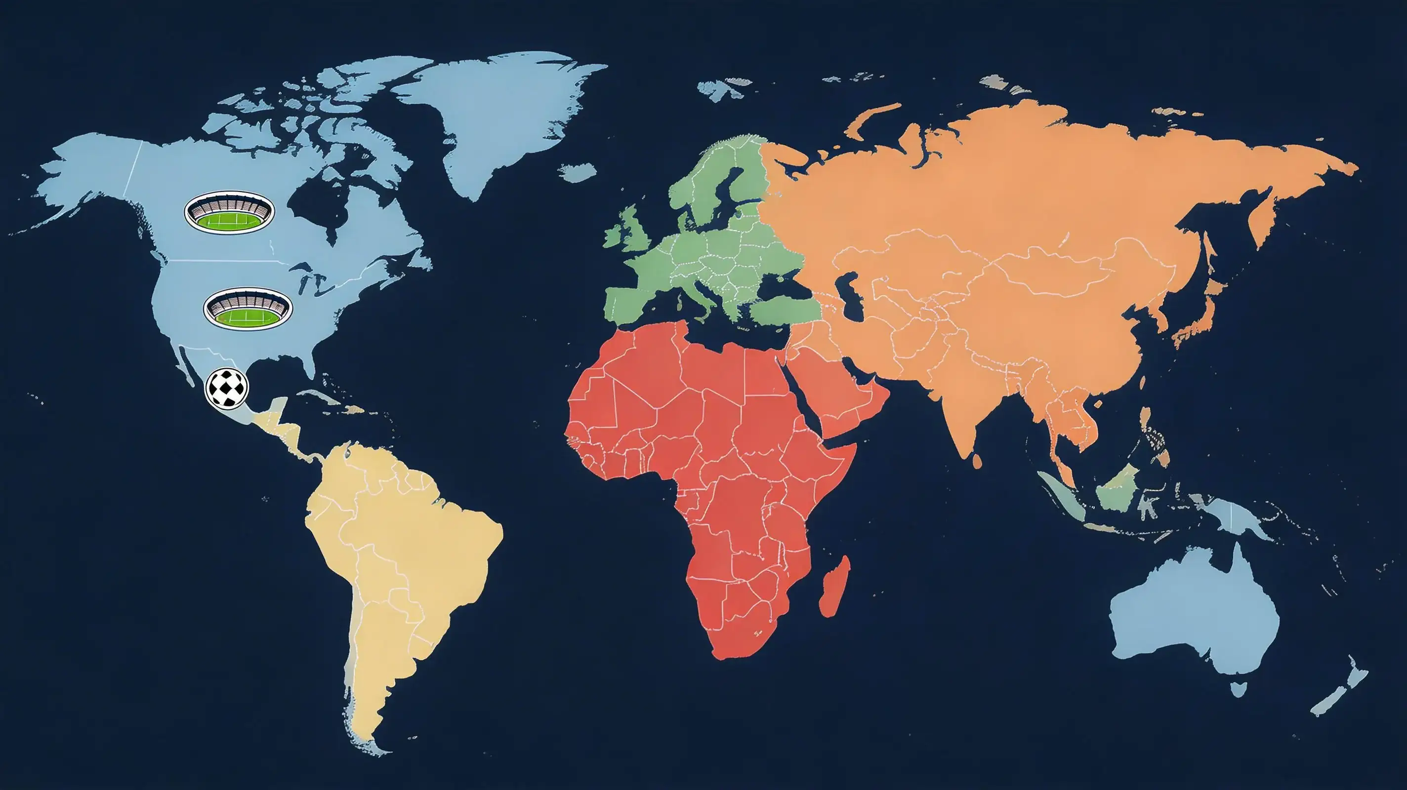 Wereldkaart met alle 48 gekwalificeerde landen voor het WK 2026