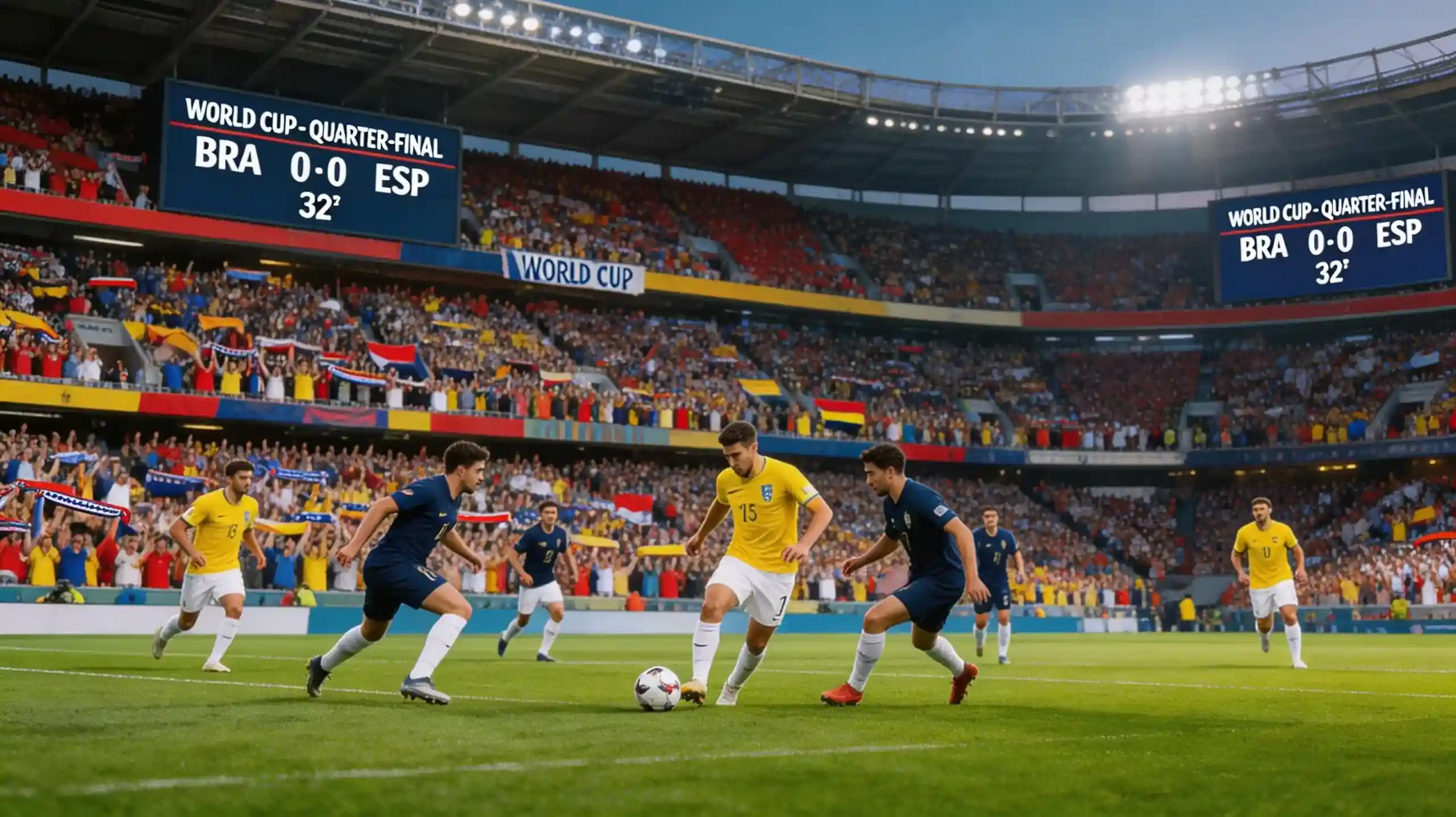 Internationale voetbalteams in actie tijdens een WK-wedstrijd met enthousiast publiek