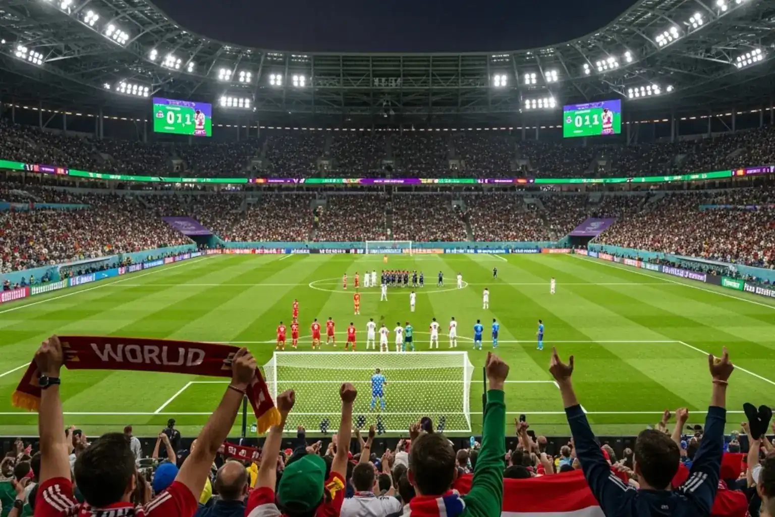 WK-wedstrijd in een vol stadion met enthousiaste fans en nationale vlaggen in de tribunes