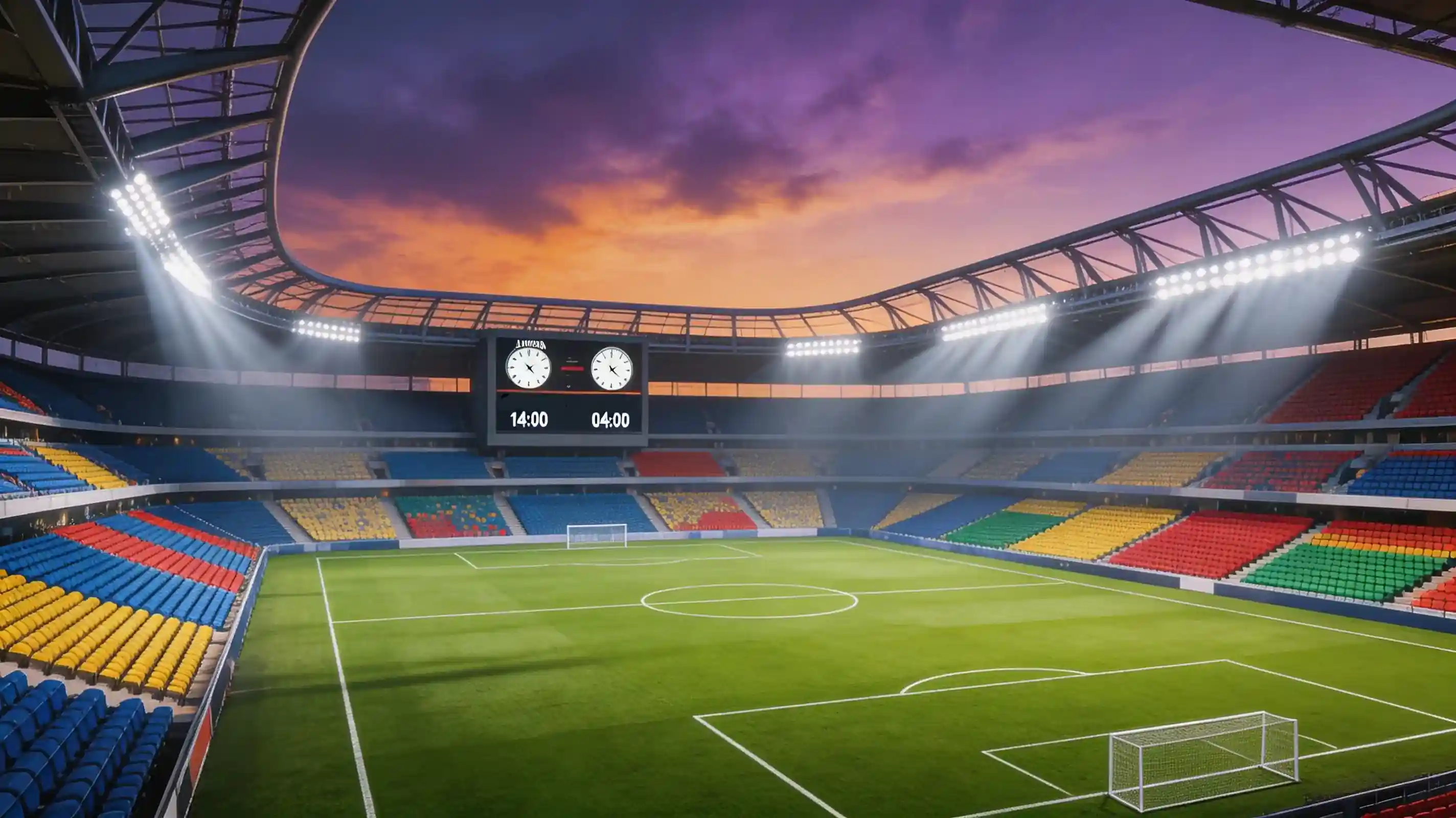 WK 2026 speelschema met voetbalstadion en wedstrijdveld